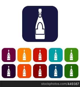 Champagne bottle icons set vector illustration in flat style In colors red, blue, green and other. Champagne bottle icons set flat