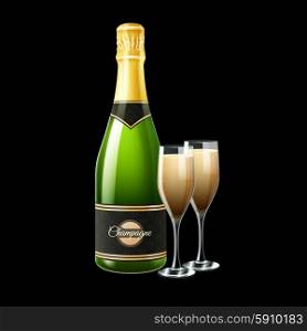 Champagne Bottle Illustration . Champagne bottle and two glasses on black background realistic vector illustration