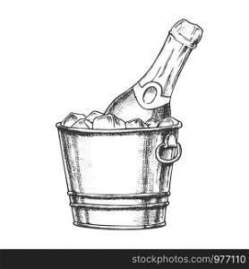 Champagne Bottle In Bucketful With Ice Ink Vector. Cold Sparkling Winery Alcoholic Champagne In Pail. Luxury Bubbly Beverage Engraving Template Hand Drawn In Vintage Style Black And White Illustration. Champagne Bottle In Bucketful With Ice Ink Vector