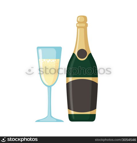 Champagne bottle with glass icon in flat style isolated on white background. Vector illustration.. Champagne bottle with glass icon in flat style.