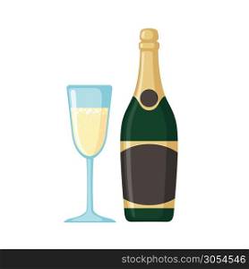 Champagne bottle with glass icon in flat style isolated on white background. Vector illustration.. Champagne bottle with glass icon in flat style.