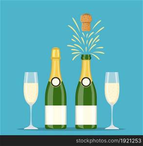 Champagne bottles and glasses icon set. Closed and opening bottle, and two flutes filled with sparkling wine. Vector illustration flat style .. Champagne bottles and glasses