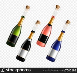 Champagne bottles realistic set of isolated color glass images with popping cork plugs on transparent background vector illustration