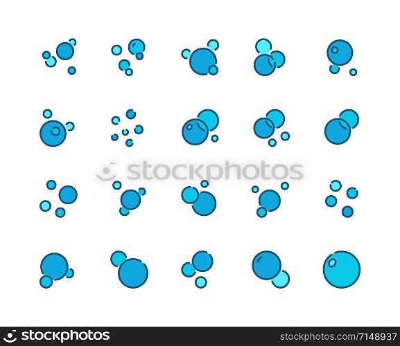 Champagne bubbles set. Line icons underwater air flows and soap or shampoo bubbles, chemistry water molecules and oxygen bubbles. Vector set glyph outlines fun balls for logo or aquarium blue color. Champagne bubbles set. Line icons underwater air flows and soap or shampoo bubbles, chemistry water molecules and oxygen bubbles. Vector set
