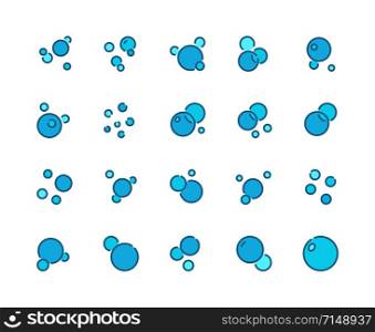 Champagne bubbles set. Line icons underwater air flows and soap or shampoo bubbles, chemistry water molecules and oxygen bubbles. Vector set glyph outlines fun balls for logo or aquarium blue color. Champagne bubbles set. Line icons underwater air flows and soap or shampoo bubbles, chemistry water molecules and oxygen bubbles. Vector set