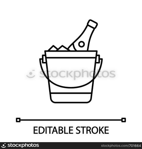Champagne bucket linear icon. Alcoholic beverage. Thin line illustration. Wine bottle in bucket with ice. Contour symbol. Vector isolated outline drawing. Editable stroke. Champagne bucket linear icon