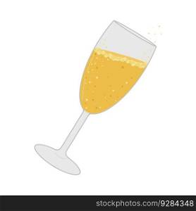 Champagne drink isolated on a white background. Tilted glass with a drink, bubbles. Poster, postcard, flyer design. The concept of the holiday. Vector flat illustration.