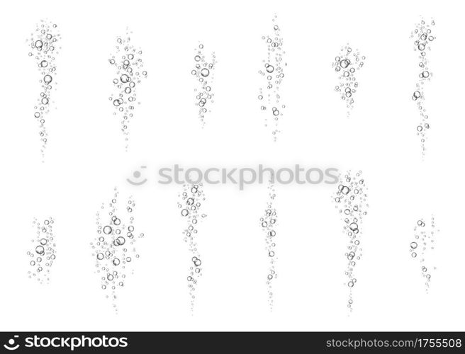 Champagne. Effervescent drink. Fizz. Underwater fizzing air, water or oxygen bubbles on white background. Fizzy sparkles in sea, aquarium. Soda pop. Undersea vector texture.