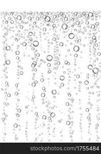 Champagne. Effervescent drink. Underwater fizzing air bubbles on white background. Fizzy sparkles in water, sea, aquarium, ocean. Fizz. Undersea vector texture.
