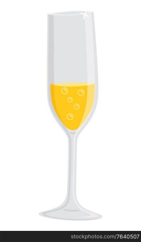 Champagne for celebration vector, isolated icon glass of alcoholic drink. Container with cold beverage, alcohol luxury liquid. Booze for partying. Champagne in Glass, Alcoholic Beverage Cold Drink