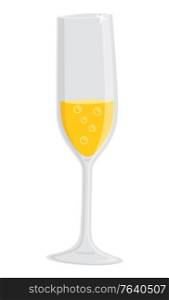 Champagne for celebration vector, isolated icon glass of alcoholic drink. Container with cold beverage, alcohol luxury liquid. Booze for partying. Champagne in Glass, Alcoholic Beverage Cold Drink