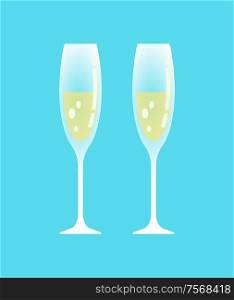 Champagne glasses with alcoholic beverage poured in containers vector. Special occasion for drinking alcohol type of drinks, wedding ceremony party. Champagne Glasses with Alcoholic Poured Beverage