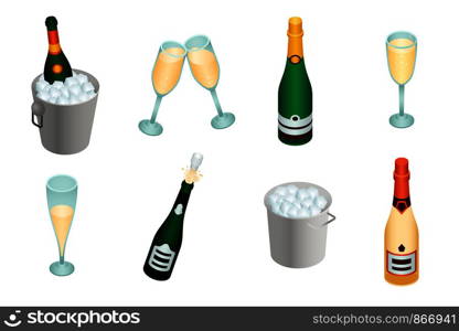 Champagne icons set. Isometric set of champagne vector icons for web design isolated on white background. Champagne icons set, isometric style