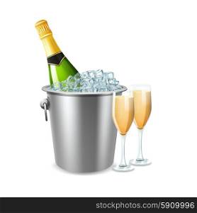 Champagne In Bucket Illustration . Champagne bottle in ice bucket and two full glasses realistic vector illustration