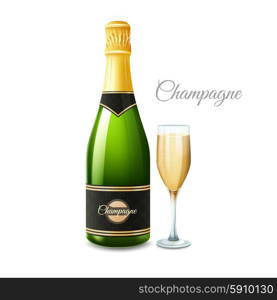 Champagne Realistic Set. Champagne bottle and full glass realistic set with title isolated vector illustration