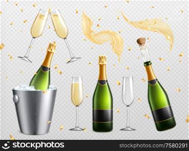 Champagne realistic transparent set with isolated splashes drops and drinking glasses with bottles in ice bucket vector illustration