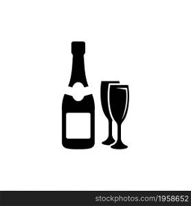 Champagne Wine Bottle and Two Glasses. Flat Vector Icon illustration. Simple black symbol on white background. Champagne Wine Bottle and Two Glasses sign design template for web and mobile UI element. Champagne Wine Bottle and Two Glasses. Flat Vector Icon illustration. Simple black symbol on white background. Champagne Wine Bottle and Two Glasses sign design template for web and mobile UI element.