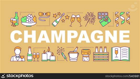 Champagne word concepts banner. Holiday celebration, party. Alcoholic drink. Isolated lettering typography idea with linear icons. Alcohol. Vector outline illustration. Champagne word concepts banner
