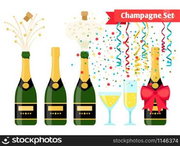 Champagnes party elements. Champagne bottle explosion, serpentine ribbons, confetti and glasses with sparkling wine isolated on white background. Champagnes party elements. Champagne bottle and glasses with sparkling wine