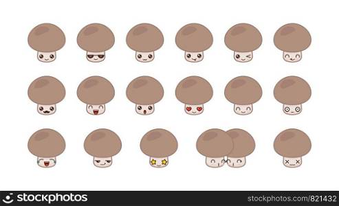 Champignon cute kawaii mascot. Set kawaii food faces expressions smile emoticons.
