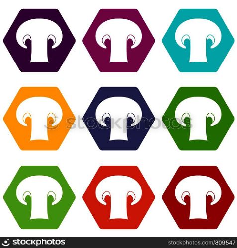Champignon mushroom icon set many color hexahedron isolated on white vector illustration. Champignon mushroom icon set color hexahedron
