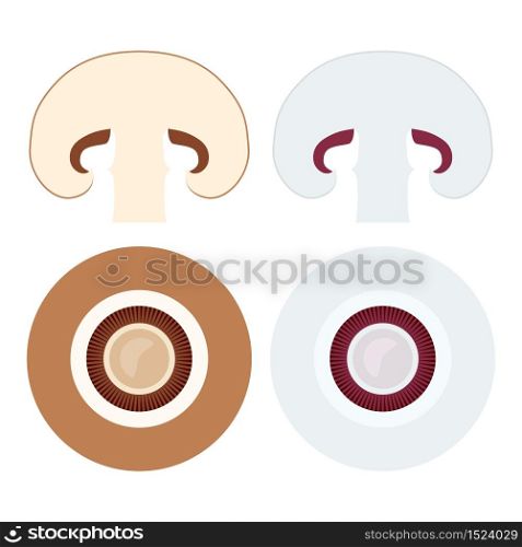 Champignons set with flat lay icons of whole and sliced mushrooms