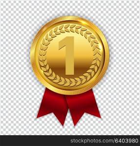 Champion Art Golden Medal with Red Ribbon l Icon Sign First Place Isolated on Transparent Background. Vector Illustration EPS10. Champion Art Golden Medal with Red Ribbon l Icon Sign First Plac