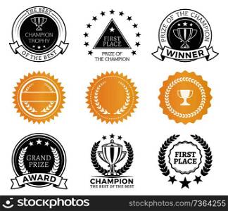 Champion awards collection in color golden badges and colorless emblems laurel branch stars ribbons with headlines set isolated on vector illustration. Champion Awards Collection Vector Illustration