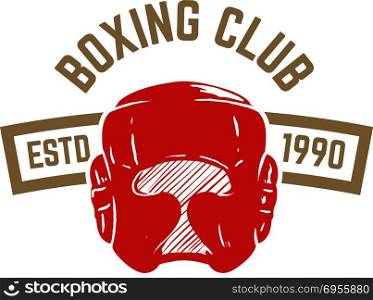 Champion boxing club. Emblem template with boxing helmet. Design element for logo, label, emblem, sign. Vector illustration