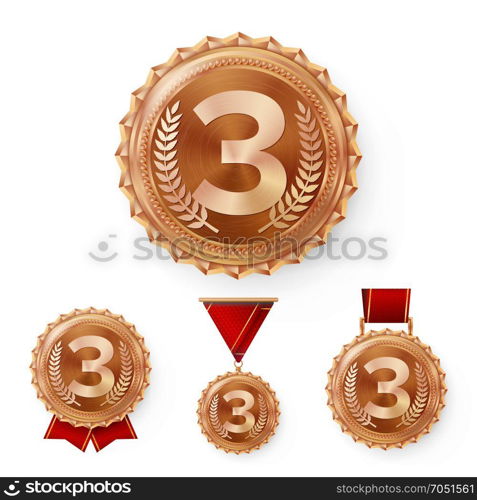 Champion Bronze Medals Set Vector. Metal Realistic 3rd Placement Winner Achievement. Number Three. Round Medal With Red Ribbon.. Champion Bronze Medals Set Vector. Metal Realistic 3rd Placement Winner Achievement. Number Three. Round Medal With Red Ribbon. Relief Detail. Best Challenge Award Sport Competition Game Copper Trophy