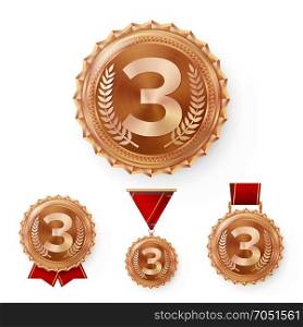 Champion Bronze Medals Set Vector. Metal Realistic 3rd Placement Winner Achievement. Number Three. Round Medal With Red Ribbon.. Champion Bronze Medals Set Vector. Metal Realistic 3rd Placement Winner Achievement. Number Three. Round Medal With Red Ribbon. Relief Detail. Best Challenge Award Sport Competition Game Copper Trophy