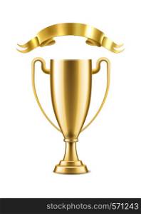 Champion gold cup. Winner golden cup trophy isolated on white background vector realistic victory award. Champion gold cup. Winner golden cup trophy isolated on white background vector realistic award