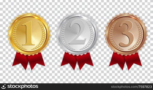 Champion Gold, Silver and Bronze Medal with Red Ribbon Icon Sign First, Secondand Third Place Collection Set Isolated on Transparent Background. Vector Illustration EPS10. Champion Gold, Silver and Bronze Medal with Red Ribbon Icon Sign First, Secondand Third Place Collection Set Isolated on Transparent Background. Vector Illustration
