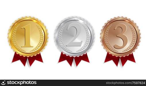 Champion Gold, Silver and Bronze Medal with Red Ribbon Icon Sign First, Secondand Third Place Collection Set Isolated on White Background. Vector Illustration EPS10. Champion Gold, Silver and Bronze Medal with Red Ribbon Icon Sign First, Secondand Third Place Collection Set Isolated on White Background. Vector Illustration