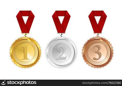 Champion Gold, Silver and Bronze Medal with Red Ribbon Icon Sign First, Secondand Third Place Collection Set Isolated on White Background. Vector Illustration EPS10. Champion Gold, Silver and Bronze Medal with Red Ribbon Icon Sign First, Secondand Third Place Collection Set Isolated on White Background. Vector Illustration