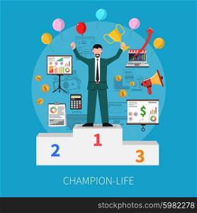 Champion Life Concept . Champion life concept with cup and money symbols on blue background flat vector illustration