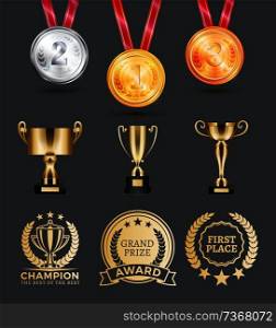Champion medals collection, prizes on pedestal, badges of rounded shape, having headlines, ribbons stars symbols, isolated on vector illustration. Champion Medals Collection Vector Illustration