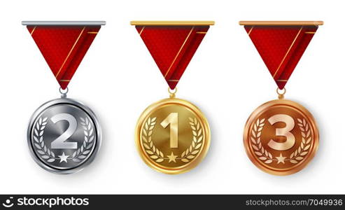 Champion Medals Set Vector. Metal Realistic First, Second Third Placement Achievement. Round Medals With Red Ribbon, Relief Detail Of Laurel Wreath, Star. Sport Game Golden, Silver, Bronze Achievement. Champion Medals Set Vector. Metal Realistic First, Second Third Placement Achievement. Round Medals With Red Ribbon, Relief Detail Of Laurel Wreath, Star. Sport Game Golden, Silver, Bronze