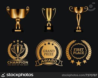 Champion prizes collection, banners stickers, badges with headlines, laurel leaves, stars as decoration, gold cups for leaders set vector illustration. Champion Prizes Collection Vector Illustration
