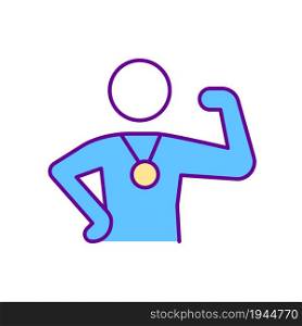 Champion RGB color icon. Sport competition winner. Championship leader. Confident and proud sportsman. Optimistic person. Happiness mindset. Isolated vector illustration. Simple filled line drawing. Champion RGB color icon