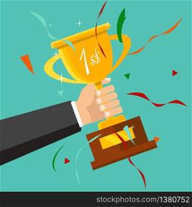 Championship and leadership isolated illustration. First place winner concept. Vector. Champion trophy flat icon. Golden winner cup.. Champion trophy flat icon. Golden winner cup. Championship and leadership isolated illustration. First place winner concept. Vector
