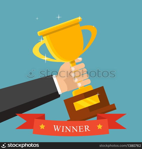 Championship and leadership isolated illustration. First place winner concept. Vector. Champion trophy flat icon. Golden winner cup.. Champion trophy flat icon. Golden winner cup. Championship and leadership isolated illustration. First place winner concept. Vector