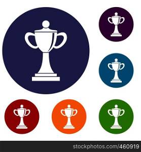 Championship cup icons set in flat circle reb, blue and green color for web. Championship cup icons set