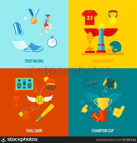 Championship flat icons set with foot racing final game champion cup and wing elements isolated vector illustration