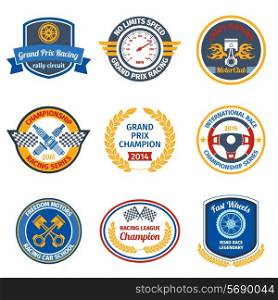 Championship international racing series gran prix champion colored emblems set isolated vector illustration