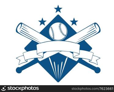 Championship or league baseball emblem with a blank wavy ribbon banner with copyspace over crossed bats and a ball superimposed on a diamond with stars, blue and white