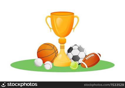 Championship trophy flat concept vector illustration. Basketball reward. American football first place prize. Sports equipment 2D objects for web design. Award for winning league match creative idea. Championship trophy flat concept vector illustration