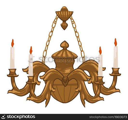 Chandelier with burning candles and ornaments, isolated vintage lamp hanging on chains. Candlelight on candelabra, light and illumination of space with retro antique means. Vector in flat style. Vintage chandelier with candles and ornaments