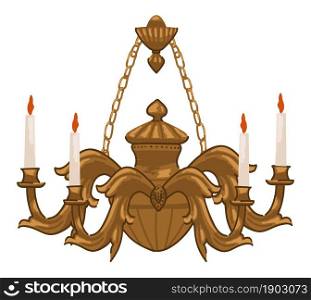 Chandelier with burning candles and ornaments, isolated vintage lamp hanging on chains. Candlelight on candelabra, light and illumination of space with retro antique means. Vector in flat style. Vintage chandelier with candles and ornaments