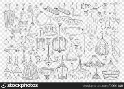 Chandeliers for home decoration doodle set. Collection of hand drawn elegant chandeliers light equipment for decorating home of various sizes and shapes isolated on transparent background. Chandeliers for home decoration doodle set